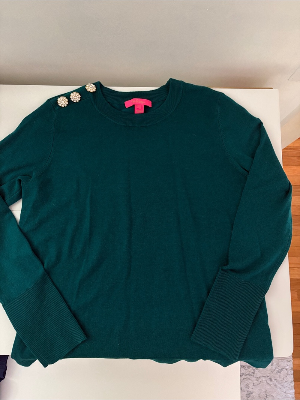 Lilly Pulitzer Teal Crewneck Sweater with Pearl Cluster Shoulder Buttons